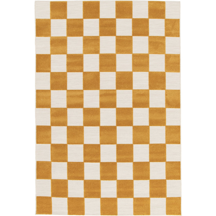 Philo Chequered Machine Woven Relief Indoor Outdoor Yellow Area Rug