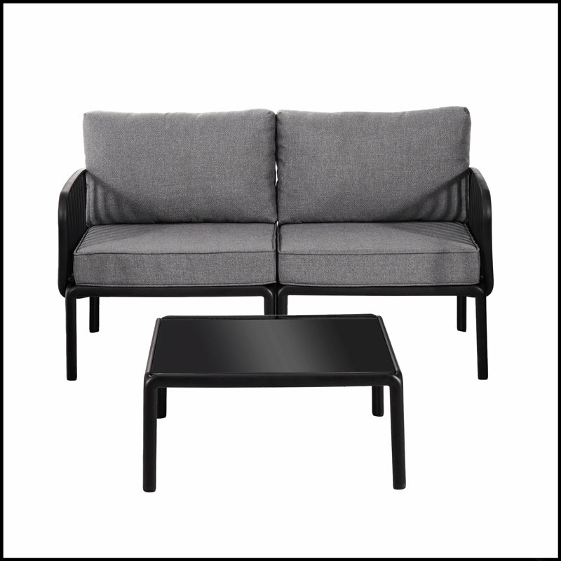 Ensemble de conversation de patio 3 pièces, mobilier d'extérieur moderne avec coussins imperméables épais et table basse carrée pour sièges profonds