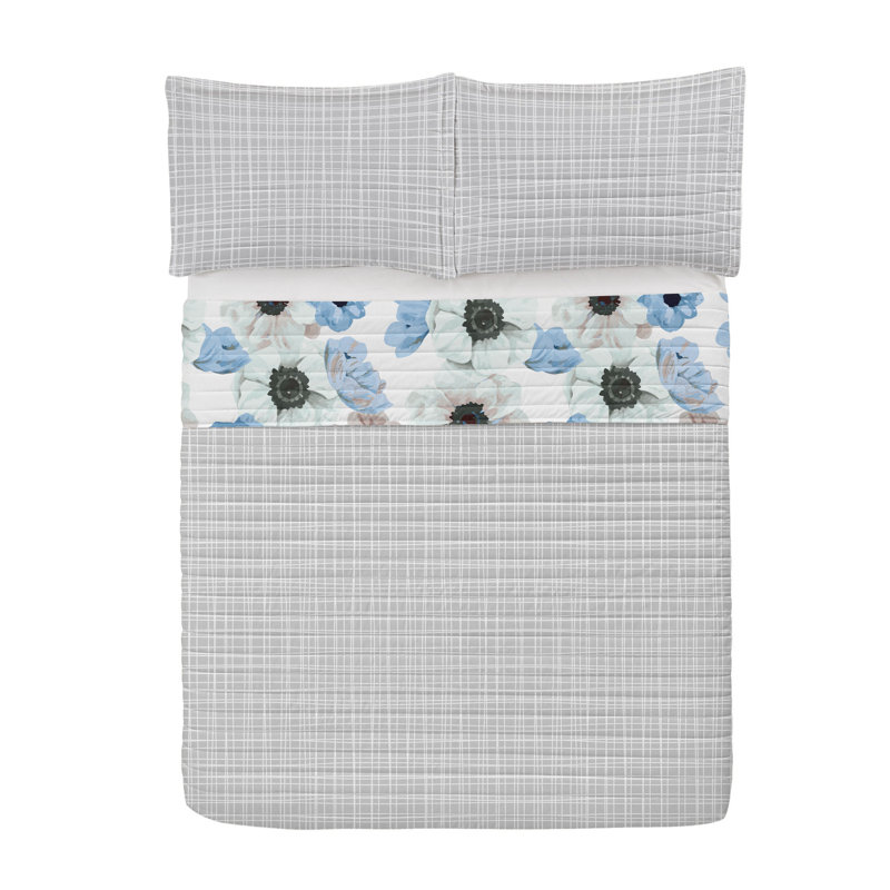 Queen Sky Blue Warm Taupe Microfiber Reversible Bedspread Set
