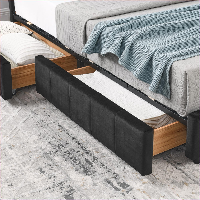 Lit plateforme double capitonné double fonction en velours mat noir Mid-Century pour chambre à coucher et salon
