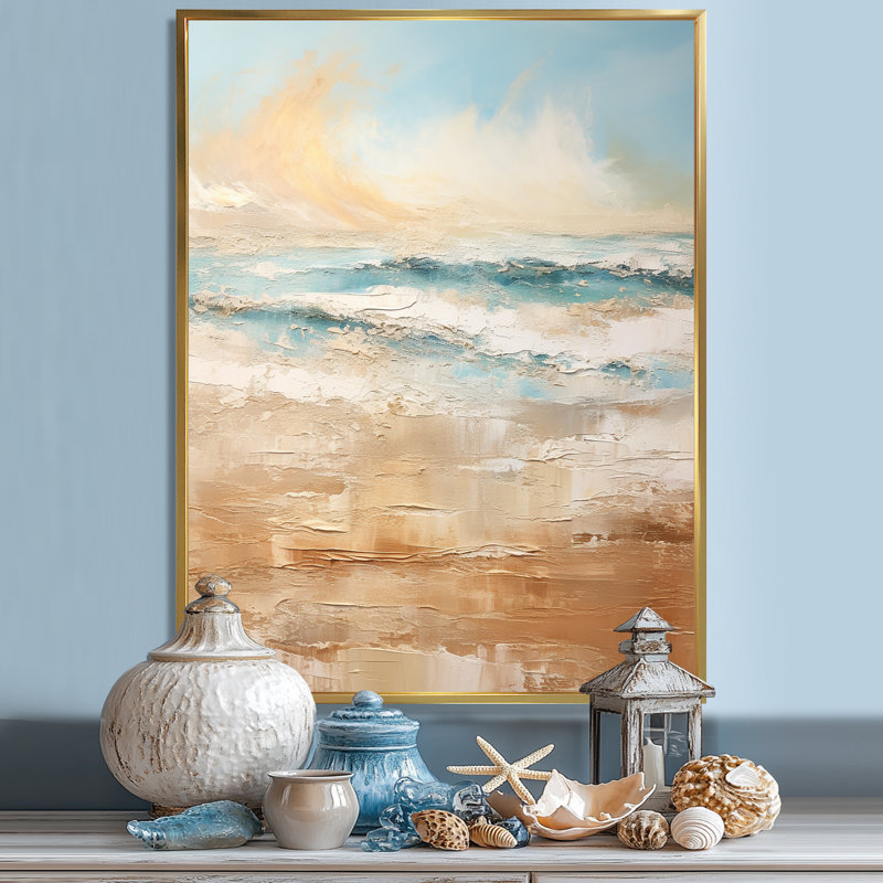 Golden and Blue Beach Tranquility II - Nautical & Beach, reproduction d'art sur toile, Gold Picture Framed, 44" H x 34" W
