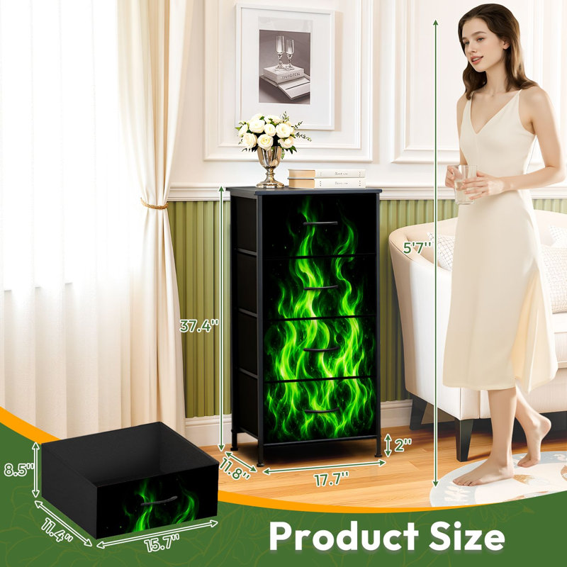 Commode à 4 tiroirs pour chambre à coucher avec des flammes vertes brillantes et une conception abstraite de petite taille pour les commodes avec commodes en bois