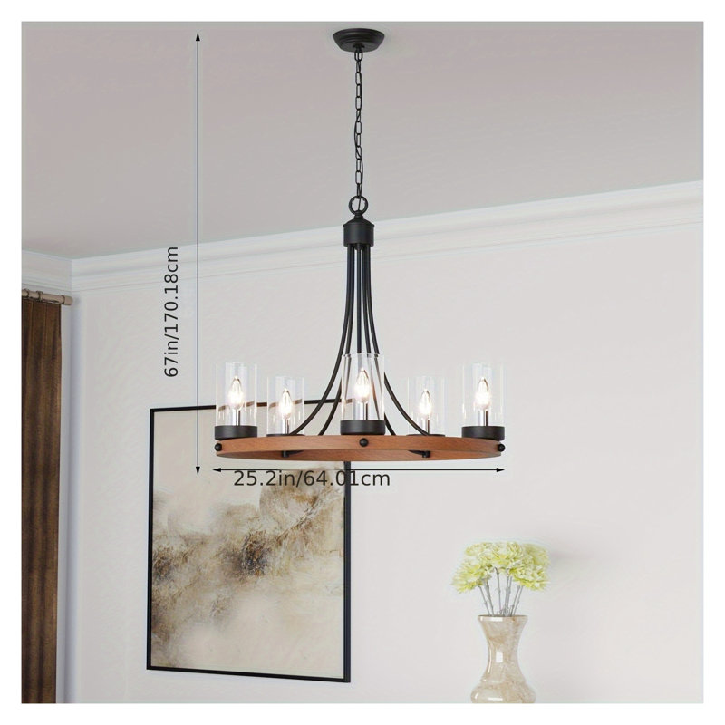 Lustre à 5 lumières en forme de roue de chariot, plafonnier rustique de style ferme, suspension ronde en bois pour îlot de cuisine, réglable, culot E12, verre transparent, pour salle à manger (ampoules non comprises)