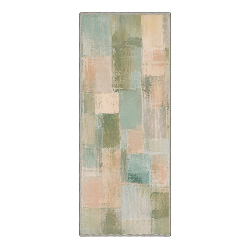 Tapis de sol abstrait en blocs de couleur, lavable à la machine, vert sauge et beige, avec envers antidérapant