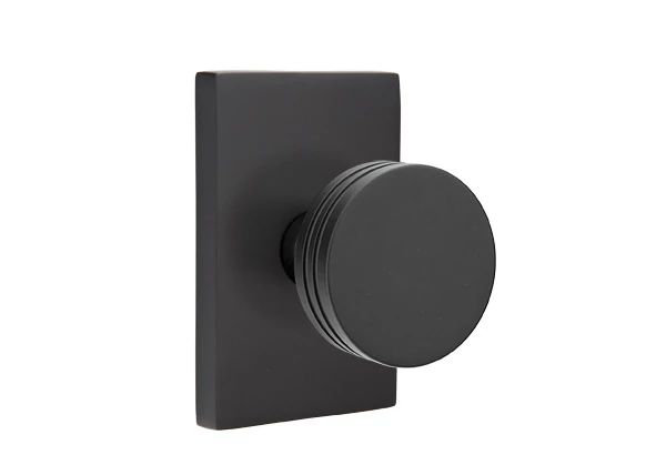 Emtek Privacy Interior Mortise Set w/ Modern Rectangular Rosette & Bern Knob (RH), Flat Black