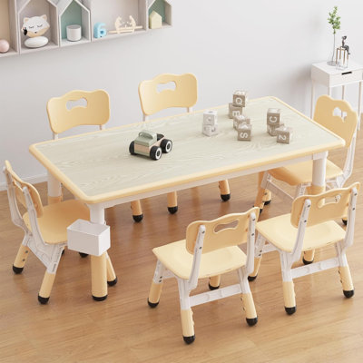 Table and Chairs Set, 6-Seat Height Adjustable Toddler Table with Non-Slip Legs, Multi-Activity Learning Desk, Graffiti-Ready Desktop, Sturdy Daycare & Classroom Furnitur
