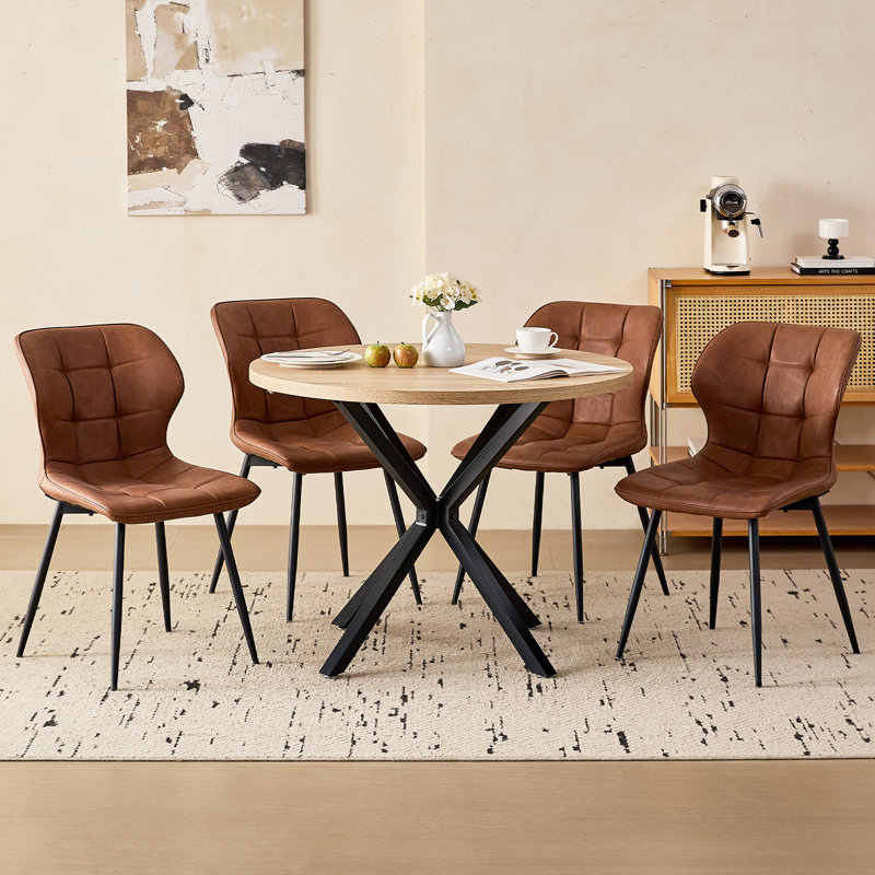 5-Piece Modern Round Dining Set, 39" Natural Wood Pattern Table with 4 Brown Faux Leather Chairs, Brown, Natural Wood Pattern