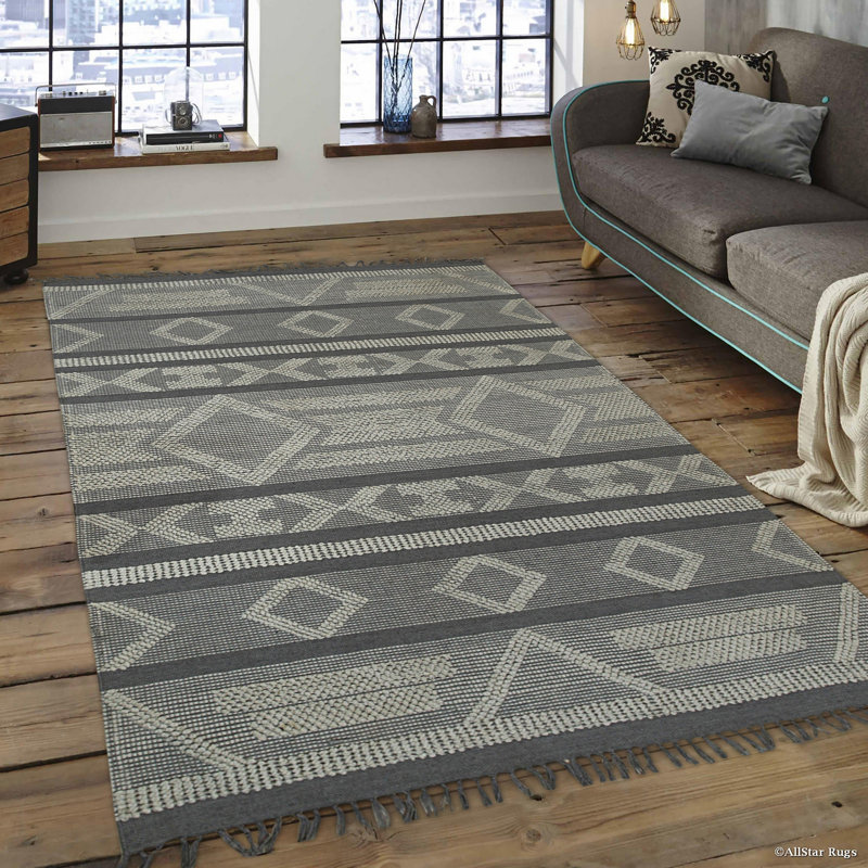 Gray Hand-Knotted Wool Diamond Banded Motif Geometric Modern Contemporary Carpet Rug, 5' x 7'6