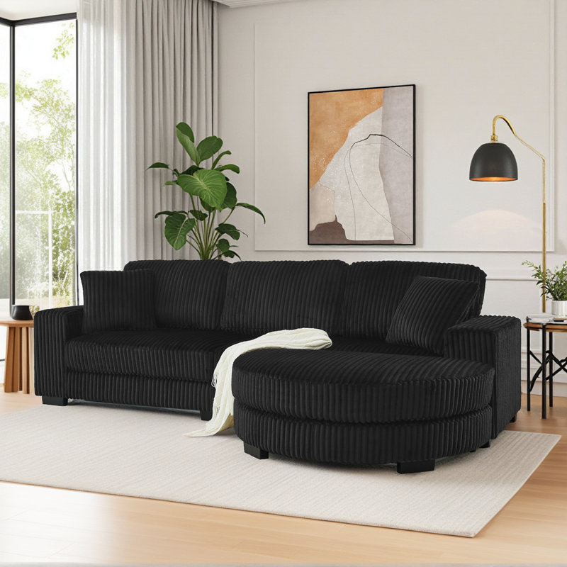 Corduroy Upholstered Sofa with Removable Curved Ottoman, Black