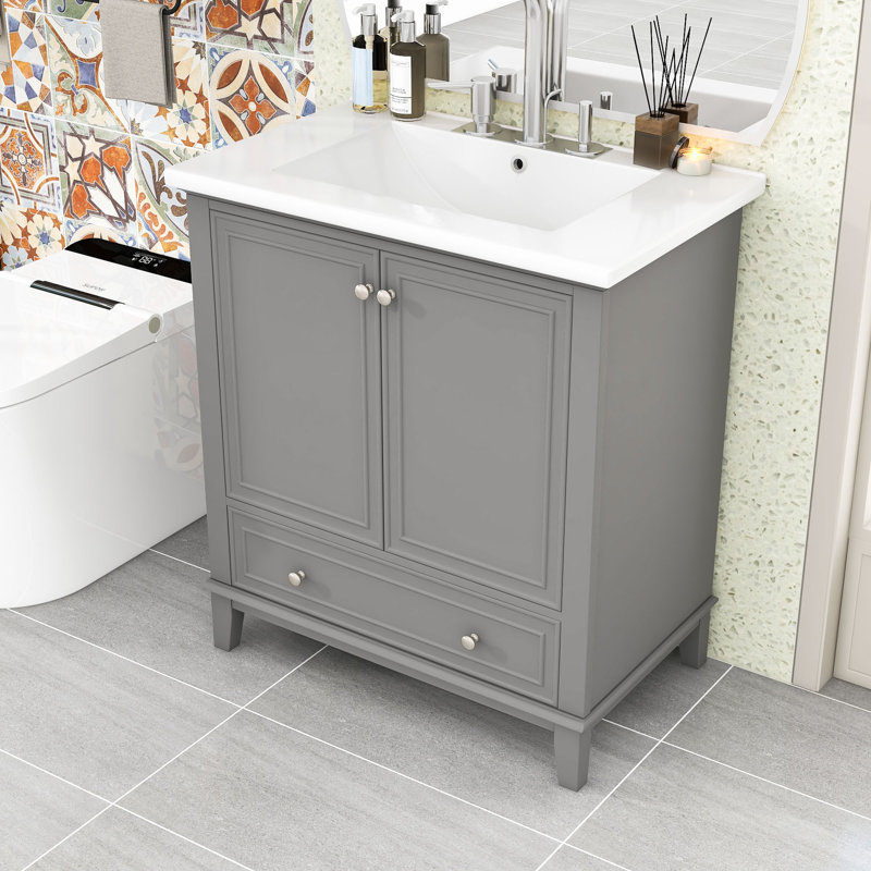Ensemble de meuble-lavabo simple autoportant avec lavabo en céramique Kidd Modern, Gris