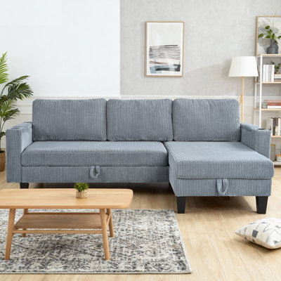 Reversible Corduroy Sectional Sofa with Storage Chaise, USB Ports, Arm Storage & Cup Holders