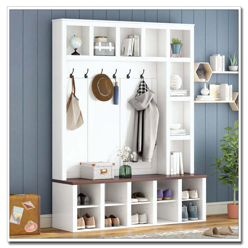 Hall Tree with 6 Hooks, Practical Walnut Storage Bench with Adjustable Shelves, White