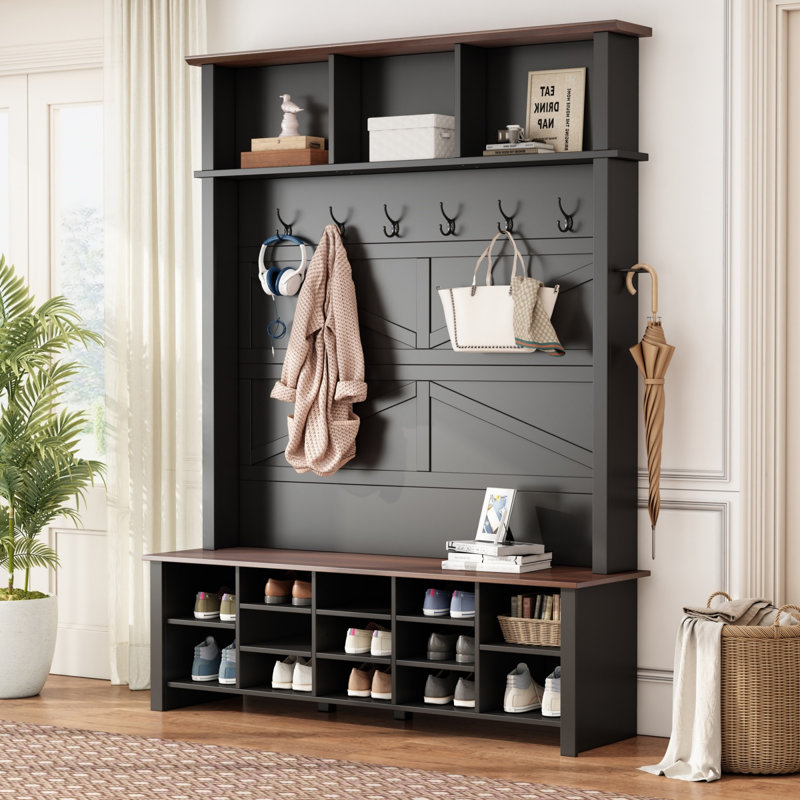 Black Farmhouse 4-In-1 Hall Tree With Hooks