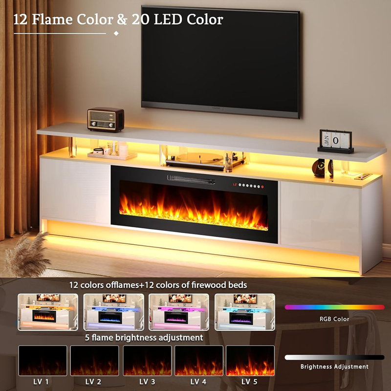 TV Stand With Fireplace, White – LED Entertainment Center With Outlet, 2-Tier Console And Storage For Tvs Up To 80"