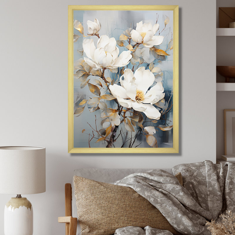 Minimalisme Magnolias sur toile, H 40 po x l 30 po x P 1,5 po, Cadre doré simple