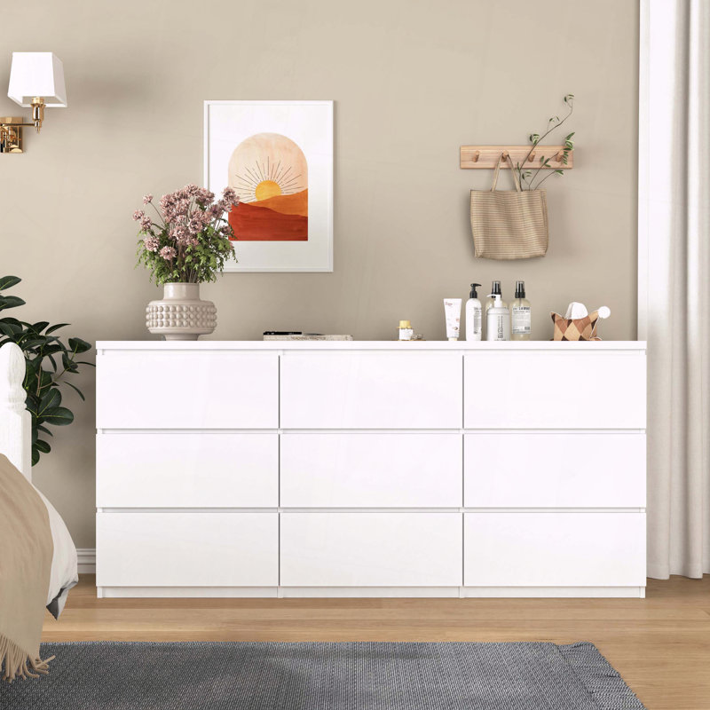 Commode de rangement en bois sans poignée 9 tiroirs, Blanc