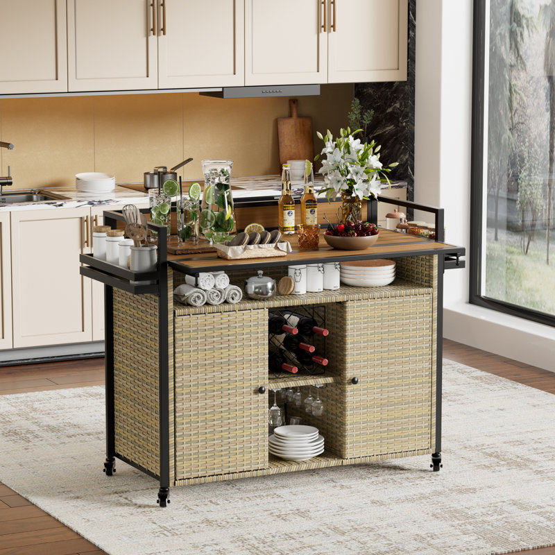 Outdoor Wicker Bar Cart with Storage & Extendable Top - Rolling Kitchen Island for Patio, Backyard, and Entertaining