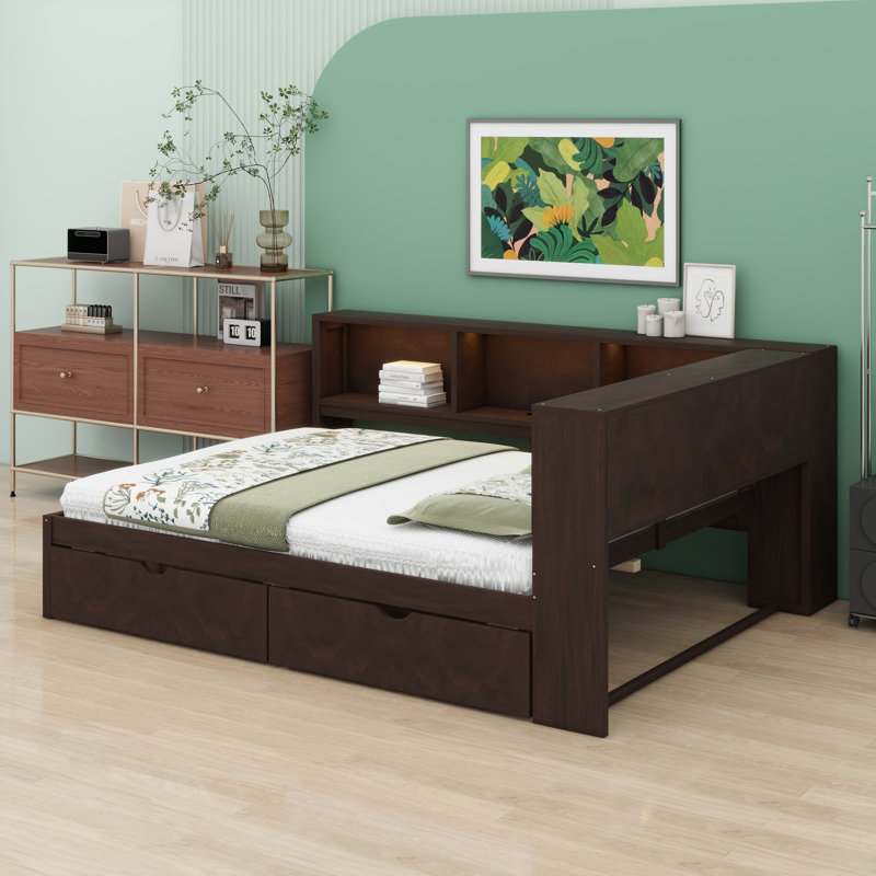 Versatile Sleeper Bench Featuring Open Shelving, Ambient LED Strips, Charging Hub, and Under-Bed Drawers, Brown