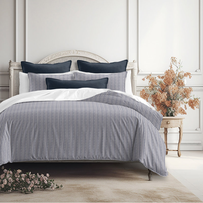 Walker Ticking Stripe Indigo/Ivory Cotton Coverlet Set, Full Coverlet / Bedspread + 2 Standard Shams