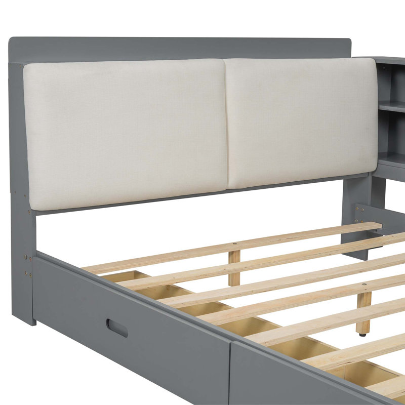 Wood Full Size Platform Bed With Storage Headboard, Shelves And 2 Drawers, Gray, Full/Double
