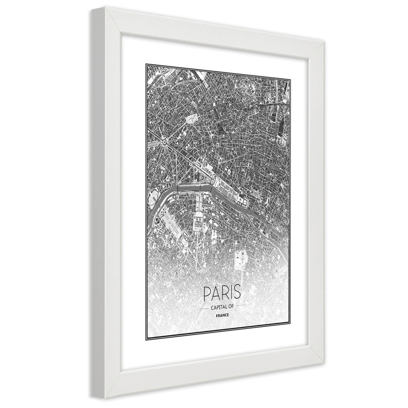 City Map Of Paris - Single Picture Frame Print, White, 90cm H x 60cm W