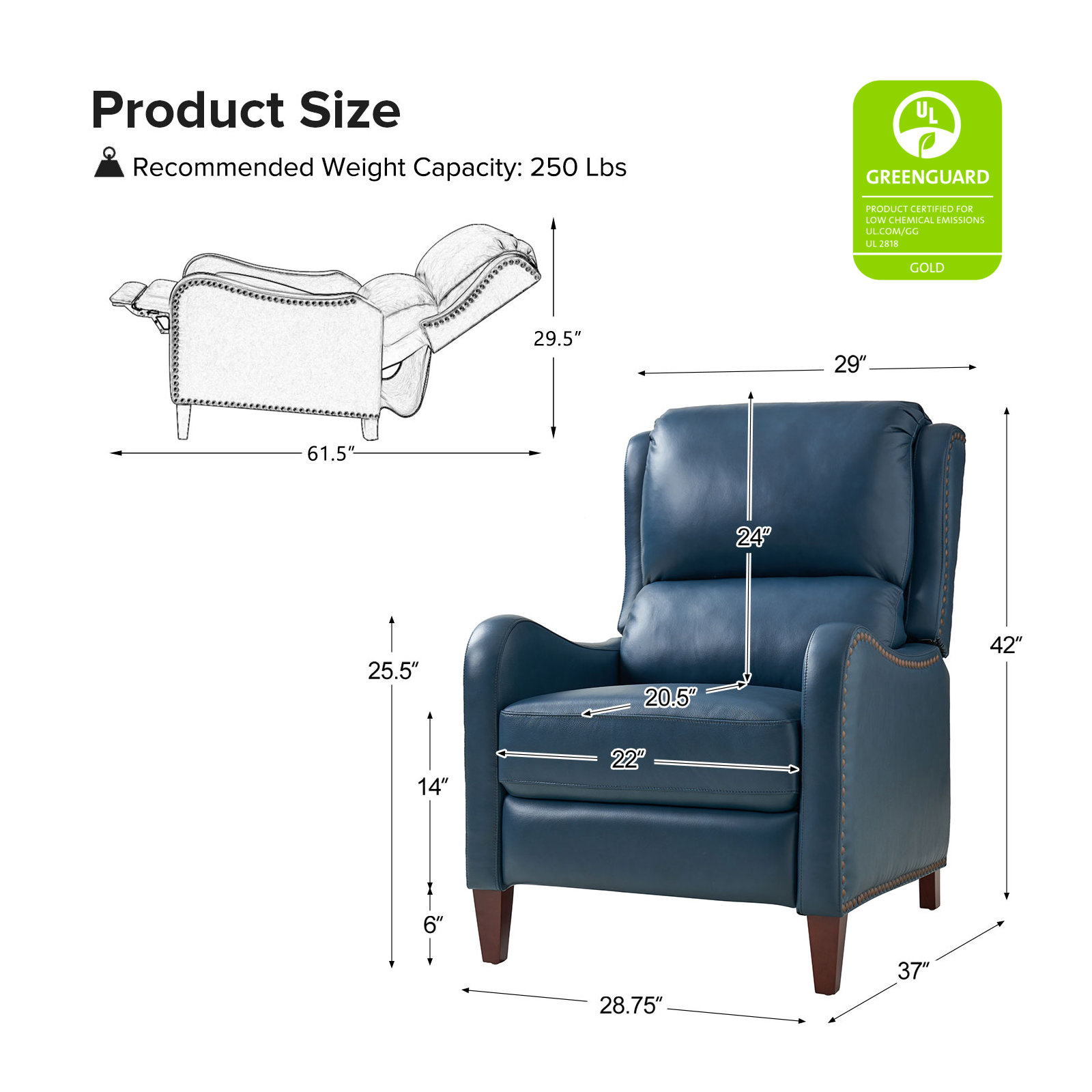 Beecher 28.75" Wide Genuine Leather Manual Club Recliner, Turquoise Genuine Leather