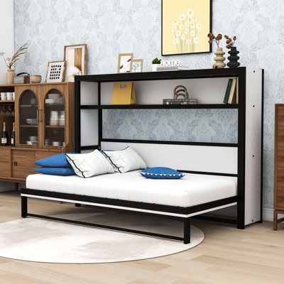 Lit escamotable simple en bois avec tablettes