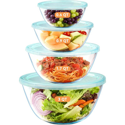 Glass Mixing Bowls With Lids Set (4 Pack) – Thick Glass Nesting Kitchen Bowls For Serving, Prepping, Cooking & Baking, Dishwasher, Oven & Microwave Safe