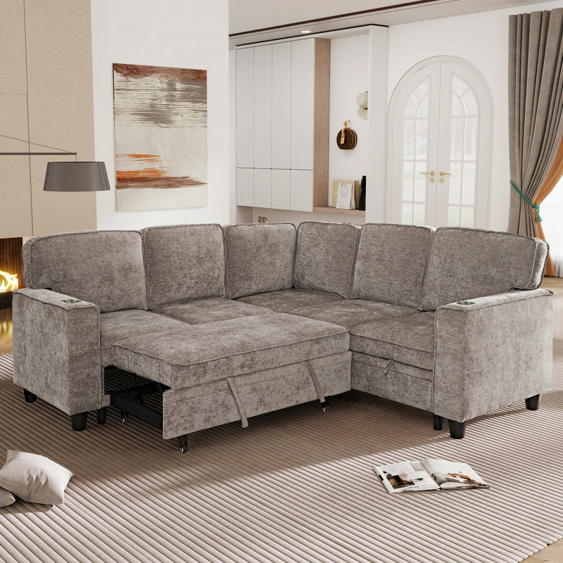 Canapé en L avec canapé-lit escamotable, canapé-lit avec siège de rangement, canapé-lit modulaire à 5 places avec USB, canapé-lit modulaire pour salon, appartement