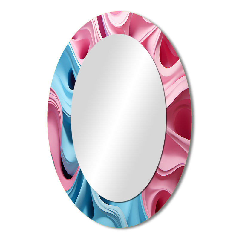 Miroir décoratif abstrait ovale sur métal, bleu et rose Op Art, 36 po x 24 po