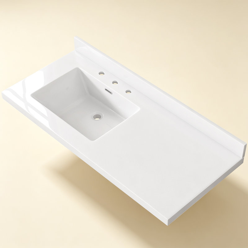 42" W × 22" D Solid Surface Vanity Top with Integrated Left side Single Sink White Bathroom Countertop with 3.5" Backsplash & 3 Pre Drilled Faucet Holes for 8" Widespread