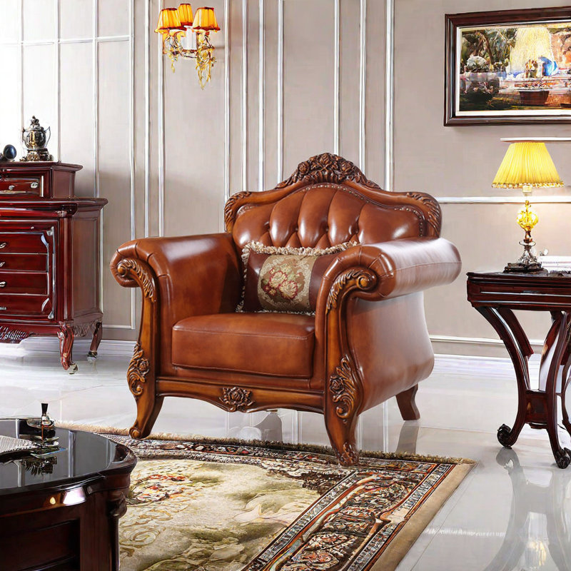European-style Living Room Carved Chair. Leather Armchair