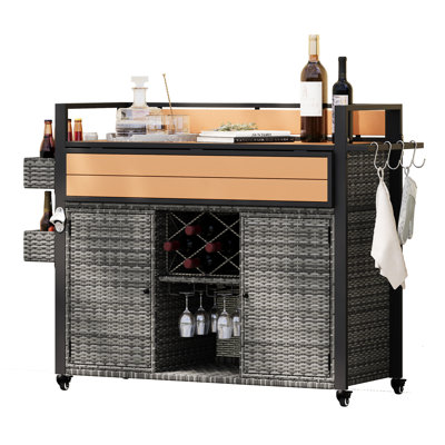 52.8 - Inch Outdoor Grill Cart With Weather , Wood Surface, Foldable Drop Leaf, Ample Storage, Wine Accessories Grey Lockable Wheels, Steel Support, Extended Table, Shelves, Glass Holder
