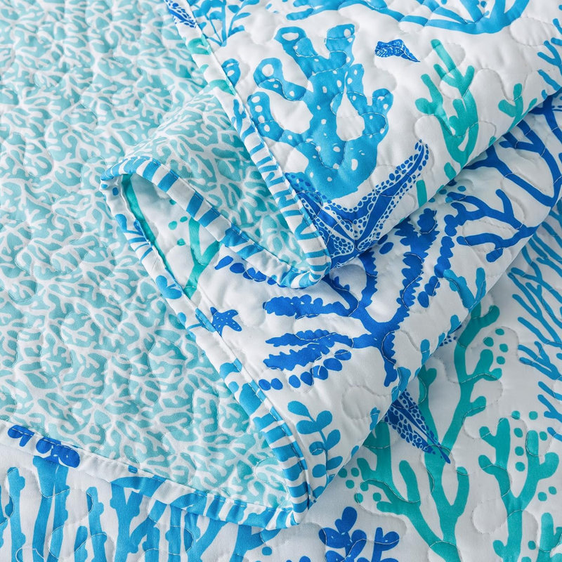 HoneiLife  Blue Coral  Blended Bedspread 3-Piece King Size Quilt Sets, KING, sea blue
