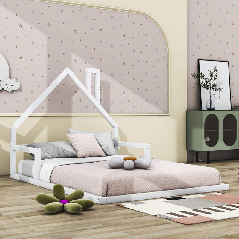 Lit en bois avec tête de lit en forme de maison, Blanc