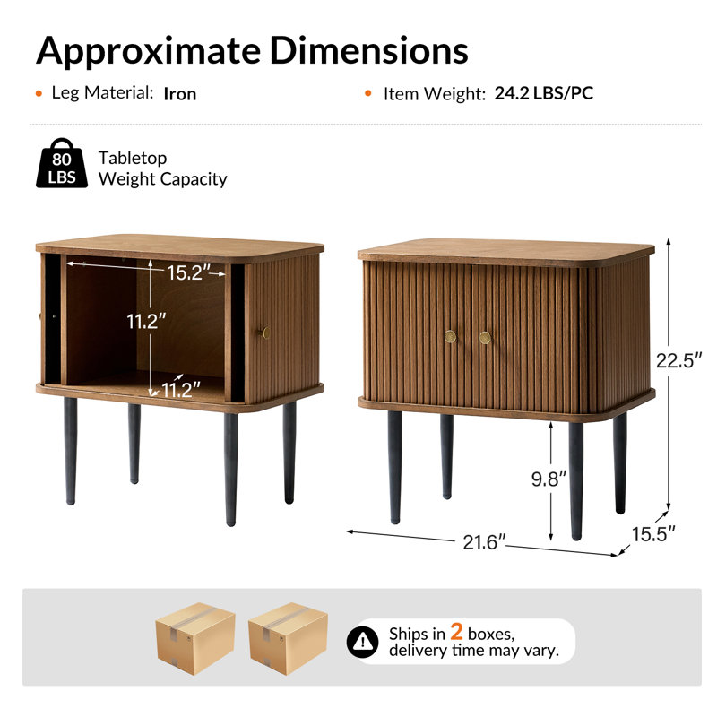 Vetter Modern 21.6" W Modern Slattd Tambour Door End Table (Set of 2), Walnut