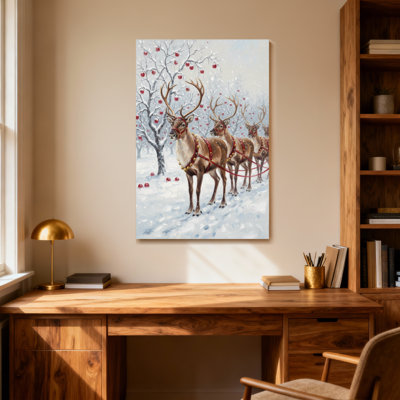 Animals Reindeer Pulling Sleigh In Snowy Forest