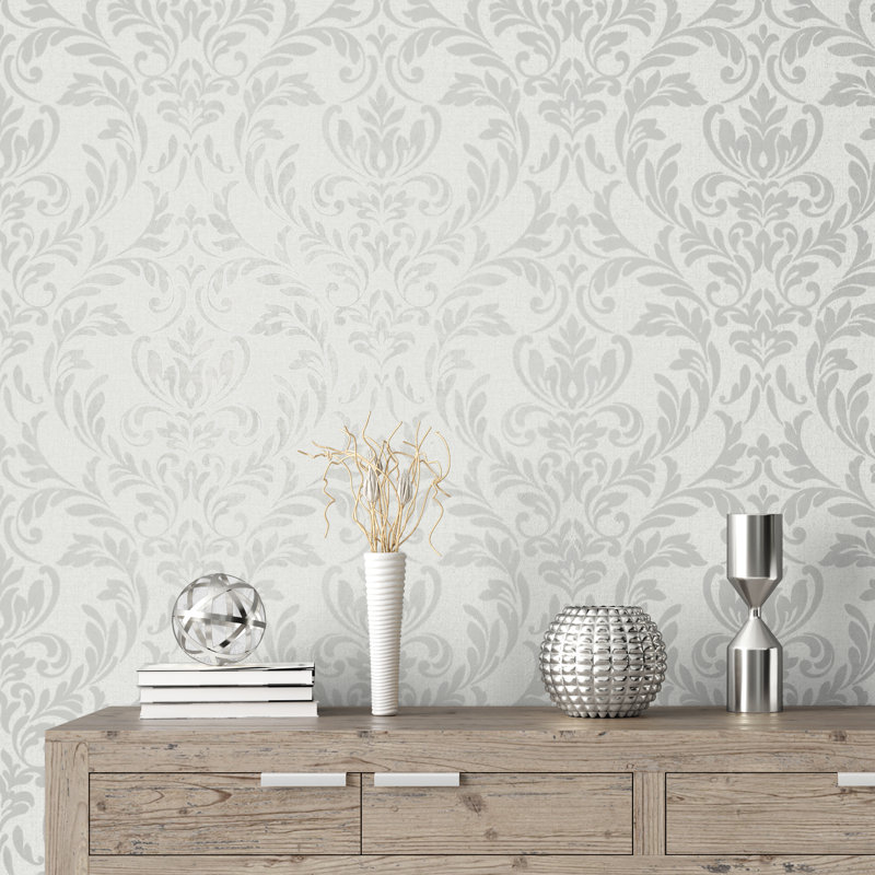 Azara Damask Luxury Textured Vinyl Damask Wallpaper, Light Grey