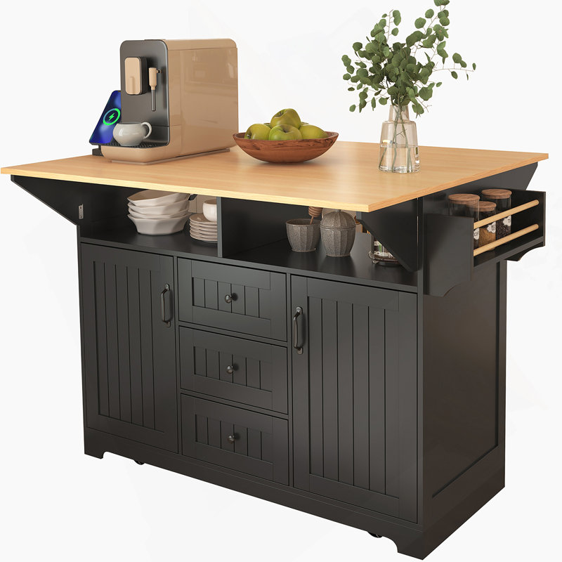 Grand îlot de cuisine 55,7 po avec 2 abattants, chariot de cuisine roulant sur 5 roulettes avec prise de courant, table de salle à manger pliante avec porte-épices et porte-serviettes, 3 tiroirs, pour la cuisine, la salle à manger, noir