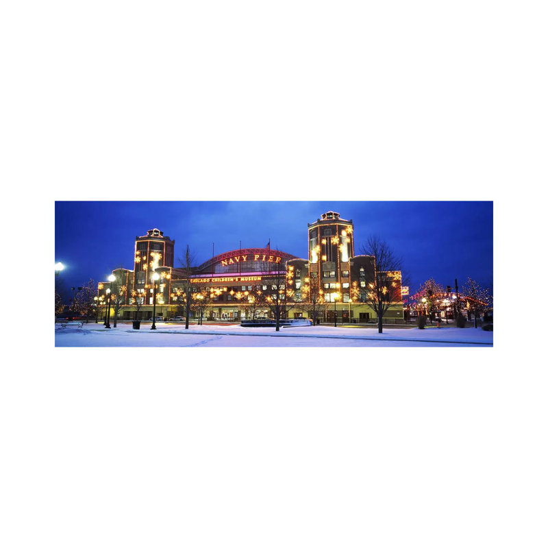Facade Of A Building Lit Up At Dusk, Navy Pier, Chicago, Illinois, USA - Wrapped Canvas Panoramic Print