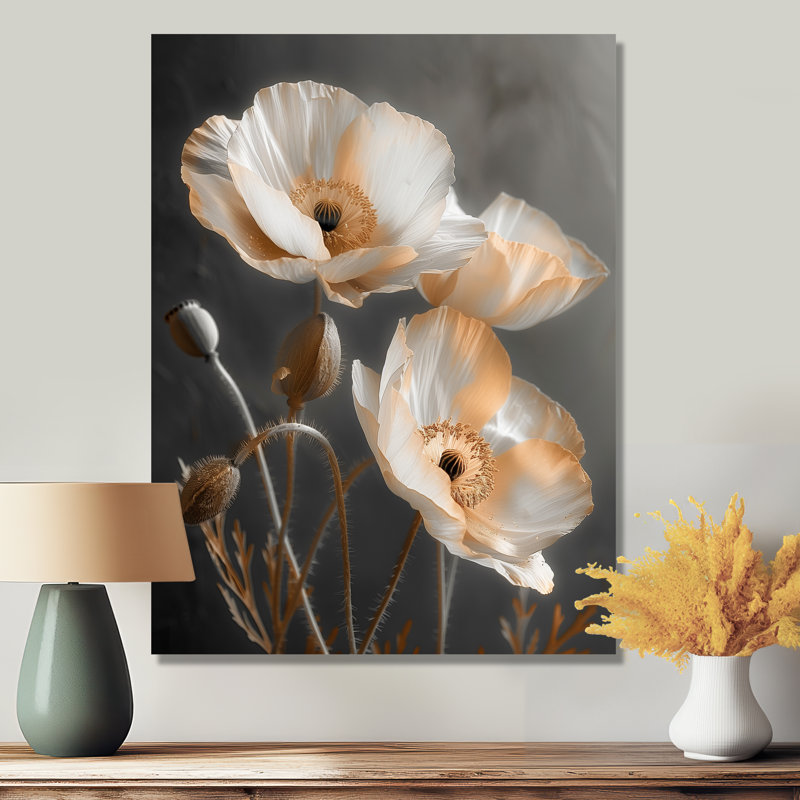 Coquelicots blancs et gris rétro - décoration murale coquelicots, Métal métal, H 40 po x l 30 po x P 1,5 po