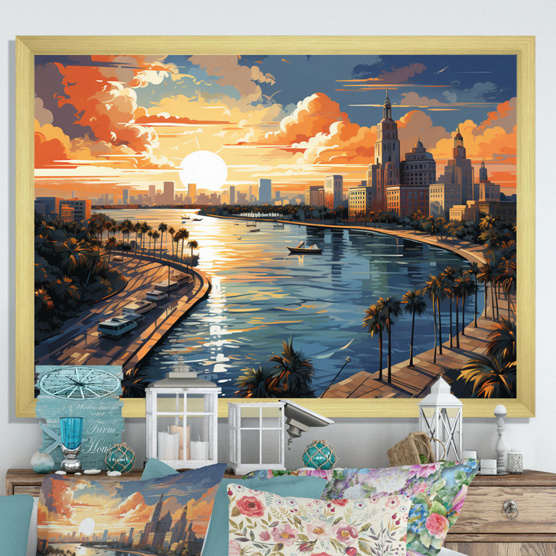Sunshines State Miami II, H 30 po x l 40 po x P 1,5 po, Encadrement doré
