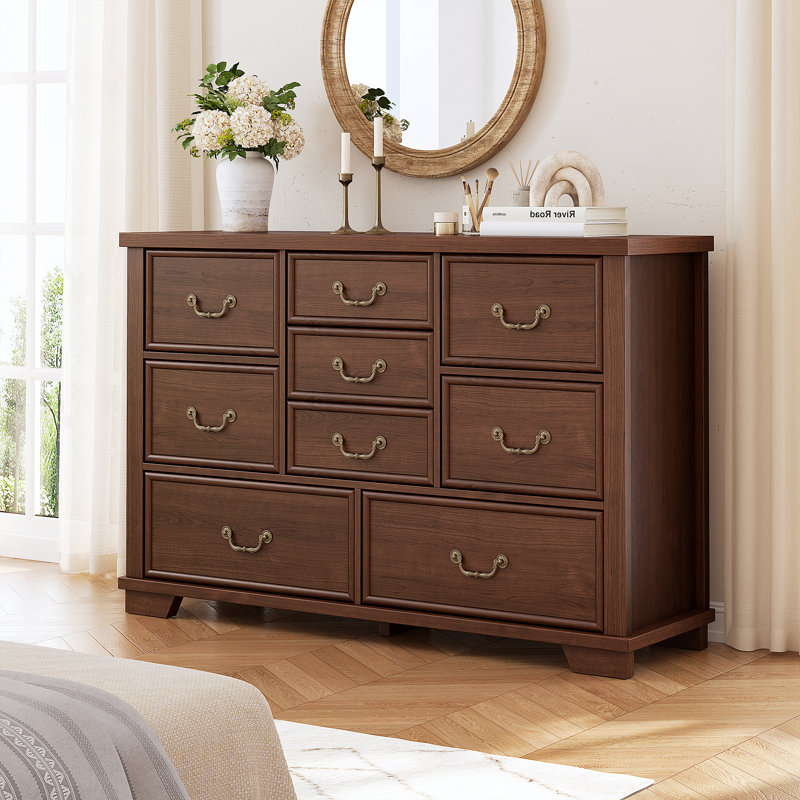 Antique Brown 9-Drawer Rustic Wood Dresser with Metal Handles