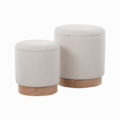 Contemporary Nesting Ottoman Set In Natural Wood And Cream Fabric