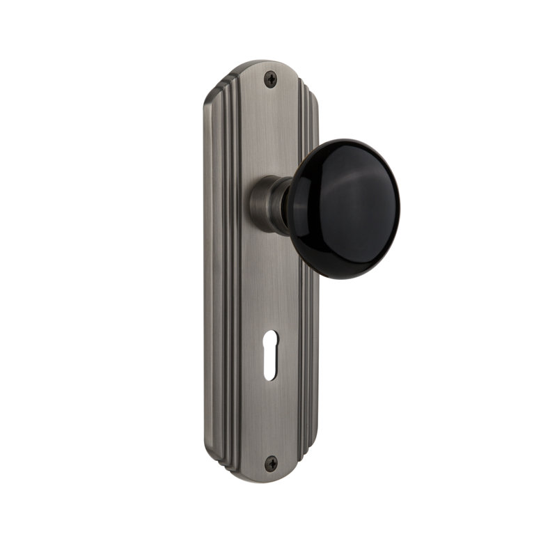 Black Porcelain Interior Mortise Door Knob with Deco Long Plate, Antique Pewter
