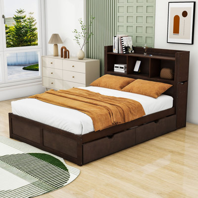 Lit plateforme en bois avec lit gigogne, tablettes et tiroirs Preli