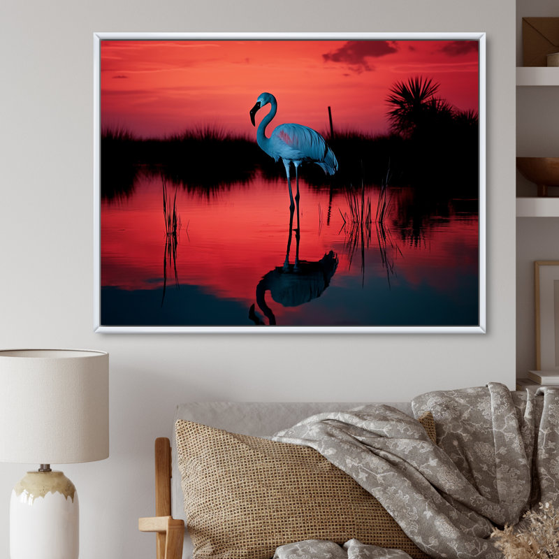 Flamant crépuscule I sur toile, Cadre flottant blanc, H 16 po x l 32 po x P 1,5 po