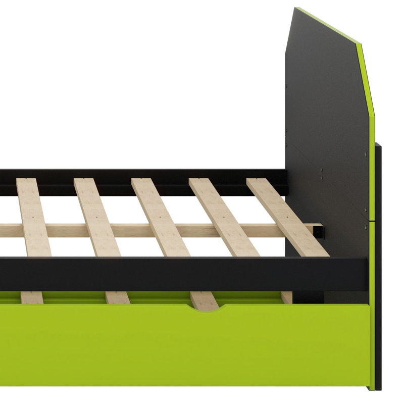 Lit de jour en bois avec couchette, bureau et port USB, Vert