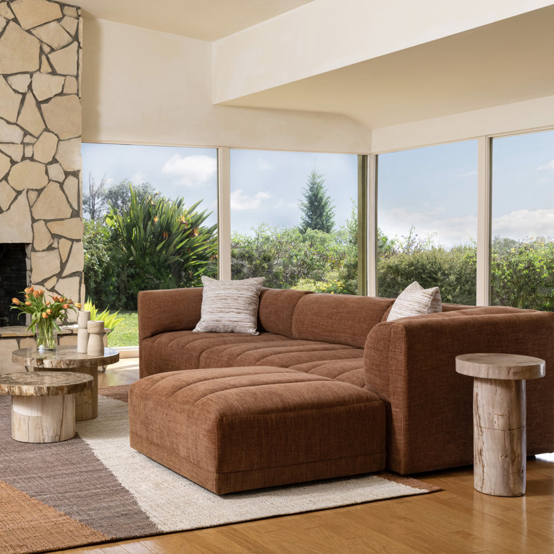 Magda Hardwood Upholstered Ottoman, Terracotta, Orange