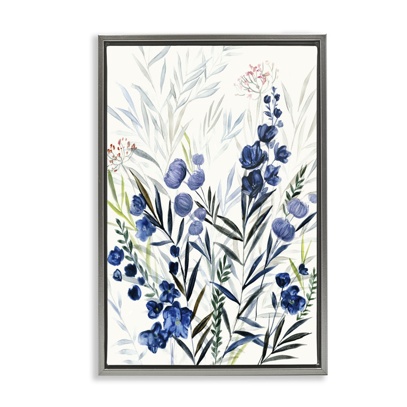 Toile flottante encadrée «Herbes indigo variées» par Hannah Dawson, Cadre flottant gris lustré, H 25 po x l 17 po